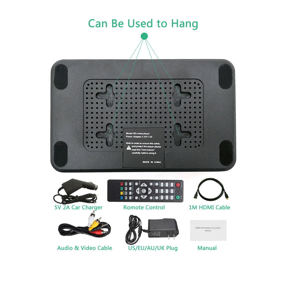 Mini reproductor multimedia Full HD Autoplay USB HDD externo SD U Disk reproductor multimedia con cargador de coche HDMI VGA AV para MKV RMVB