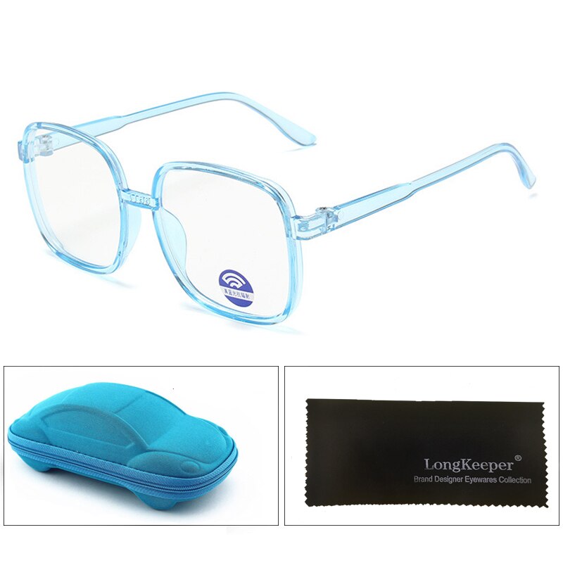 Longkeeper børn anti-blå lys briller med etui børn klassiske firkantede store briller ramme drenge piger klare blå briller: Tr blå