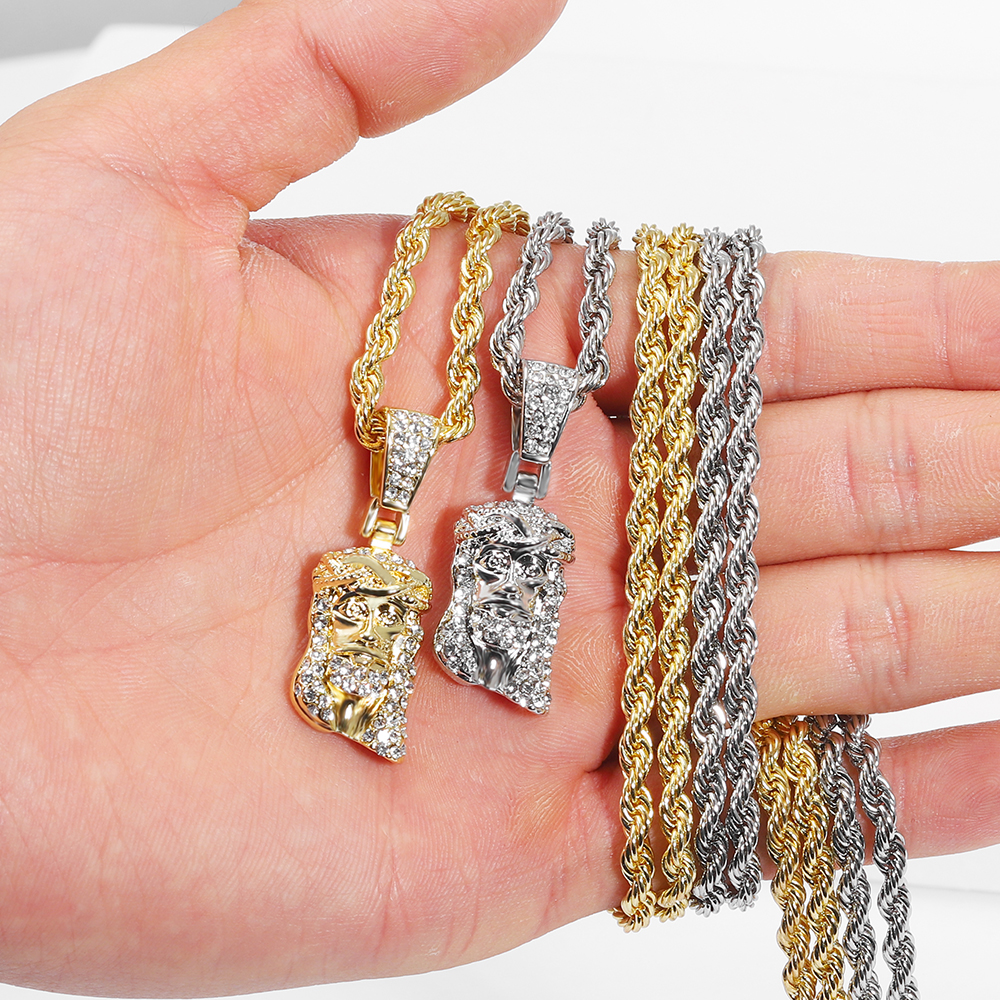 Colgante de cara de cabeza de pieza de Jesucristo para hombres, collar con dije de cristal brillante helado con cadena, joyería de Hip Hop