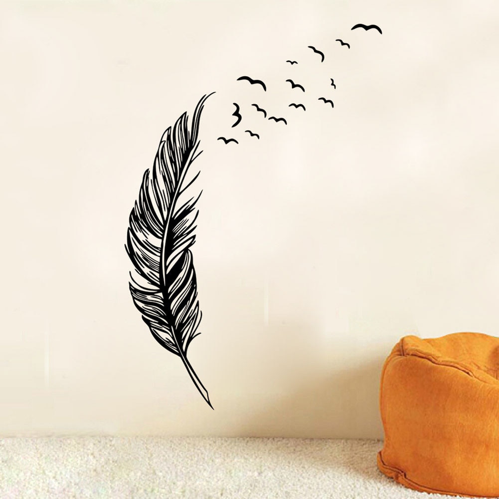 Sort fjer mønstre wallsticker vandtæt aftagelig vinyl fugle flyvende fjer soveværelse hjem mærkat vægmaleri kunst dekoration