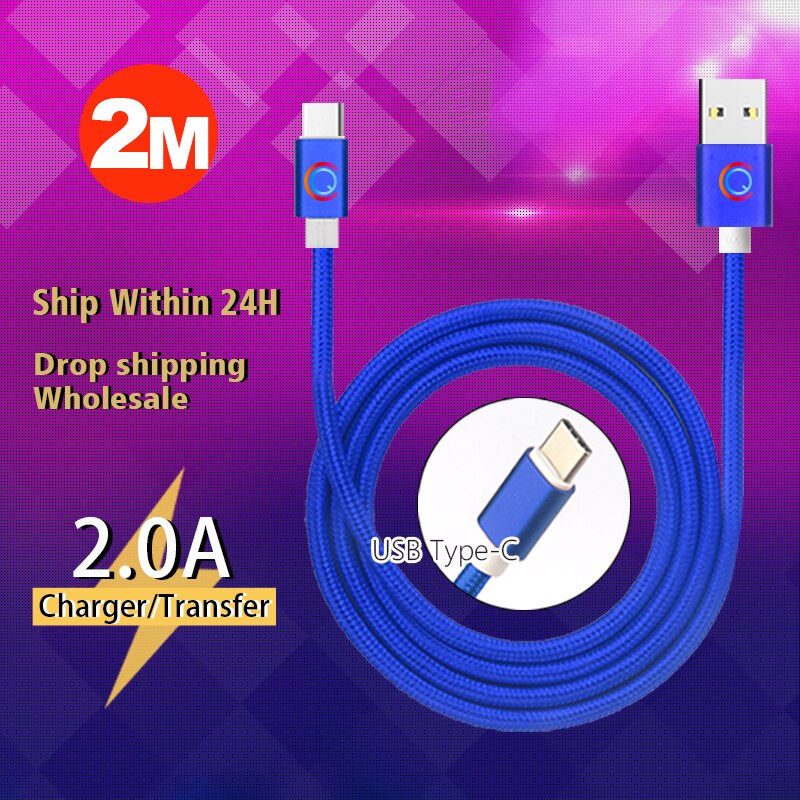 5V/2A 2M type-c Nylon armure USB câble de charge rapide chargeur câble pour Samsung Xiaomi couleur unie téléphone chargeur câble fil