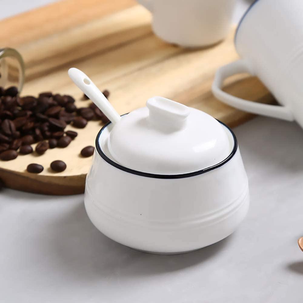 Ceramic White Creamer and Sugar Set with Lid Spoon 4 Piece