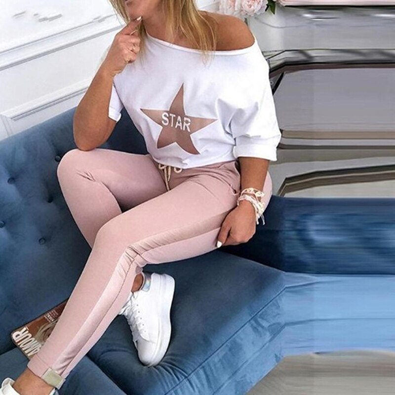 Women Sport Suit Loose Star Letter Printed Solid Color Long Sleeve Running T-shirts + Trousers Set Female Casual Tee Clothing: XL