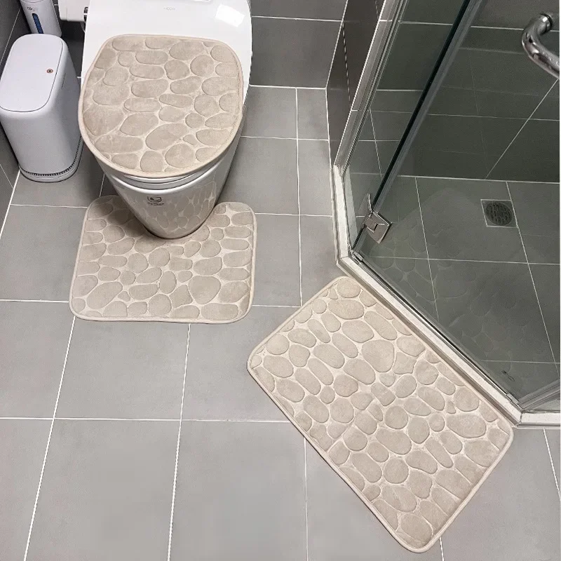 3PCS/Set Non-slip Soft Bath Mat Toilet Cover Carpet Cobblestone Embossed Floor Mat Bathroom Absorb Water Can Be Washed 욕실 매트: black
