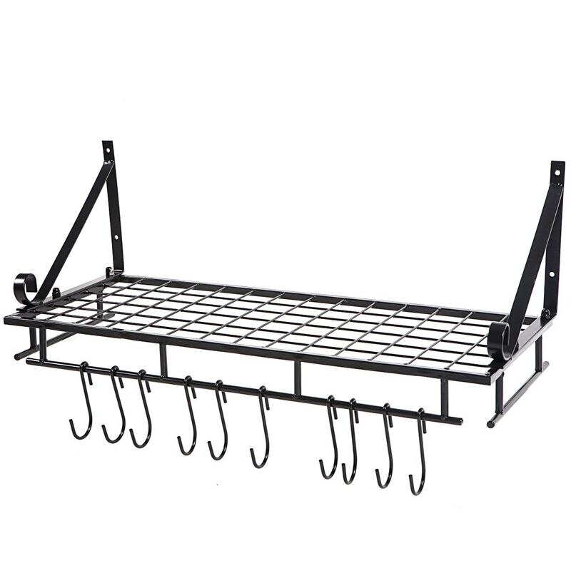 Kitchen Wall Mounted Cookware Storage Shelf With Hook Pot Pan Rack Holder Hanger Kitchen Storage Rack Tableware Organizer