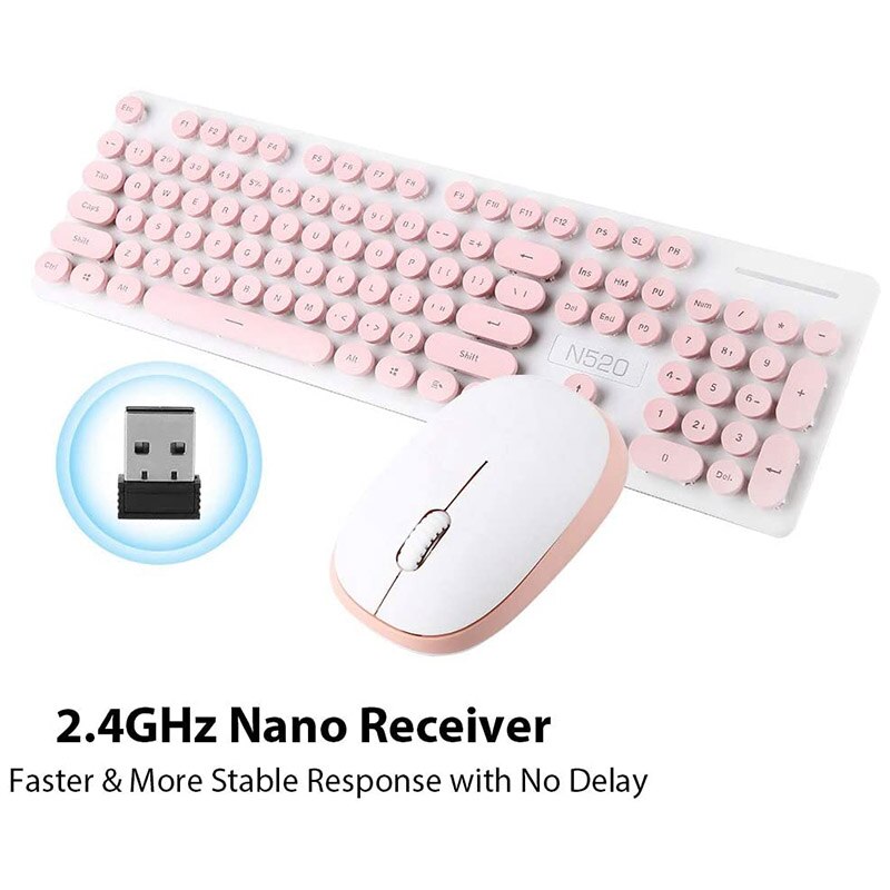 104 Keys Fast Response 2.4GHz Mechanical Feel Comfortable Typing Wireless Keyboard Mouse Combo for Windows 7/8/10/(Pink)