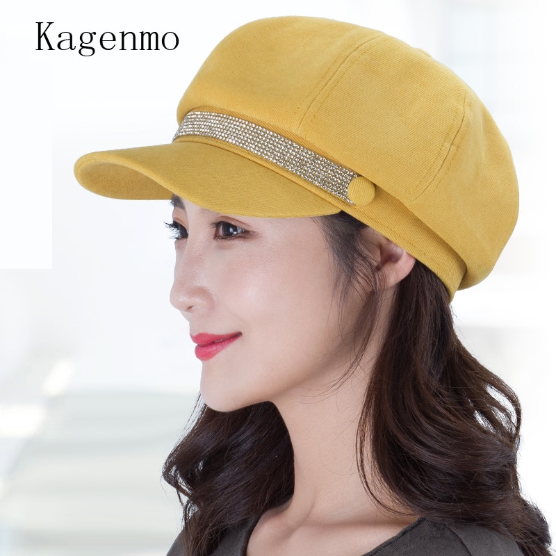 Kagenmo-boina de ala corta brillante para mujer, gorro octogonal ajustable, accesorios sencillos que combinan con todo, para otoño e invierno, novedad