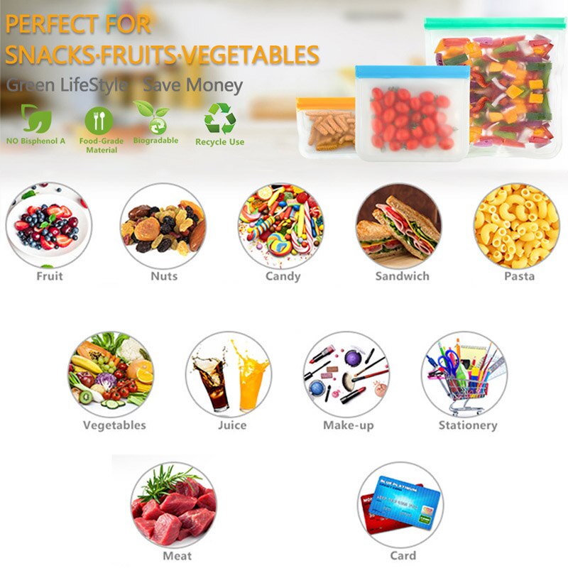 Bolsa de silicona para almacenamiento de alimentos, bolsa PEVA autosellable a prueba de fugas, reutilizable, para congelador, cocina, pan, Bacon, almuerzo para niños, 1 unidad