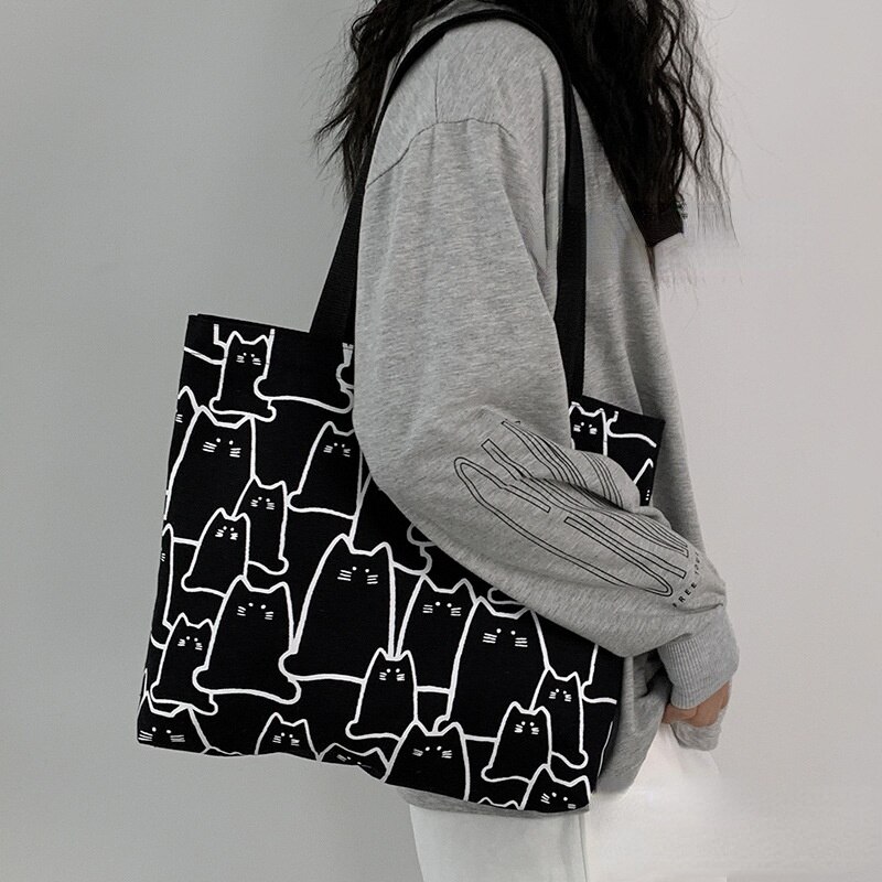 Sac à main en toile de grande capacité pour femmes, fourre-tout avec fermeture éclair, motif chat mignon, petit sac à bandoulière de styliste de Style japonais: Black