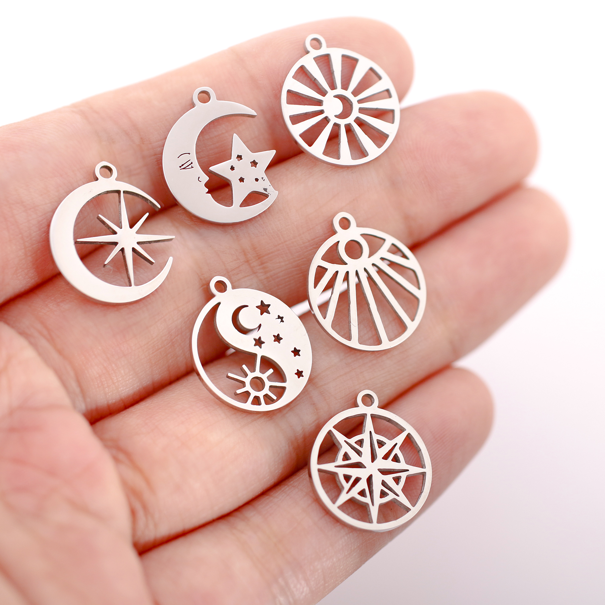 5 unids/lote de colgantes de acero inoxidable con forma de luna/sol/estrella para pulsera, collar, accesorios para hacer joyas DIY hechos a mano