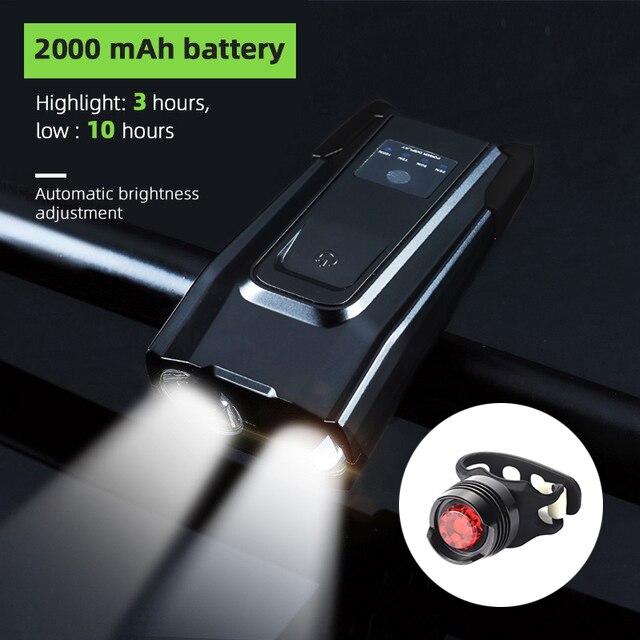 4000 mah induktion cykel forlygte sæt usb genopladelig smart forlygte med horn 800 lumen led cykel lampe cykel lommelygte: 2000 sort bagpå