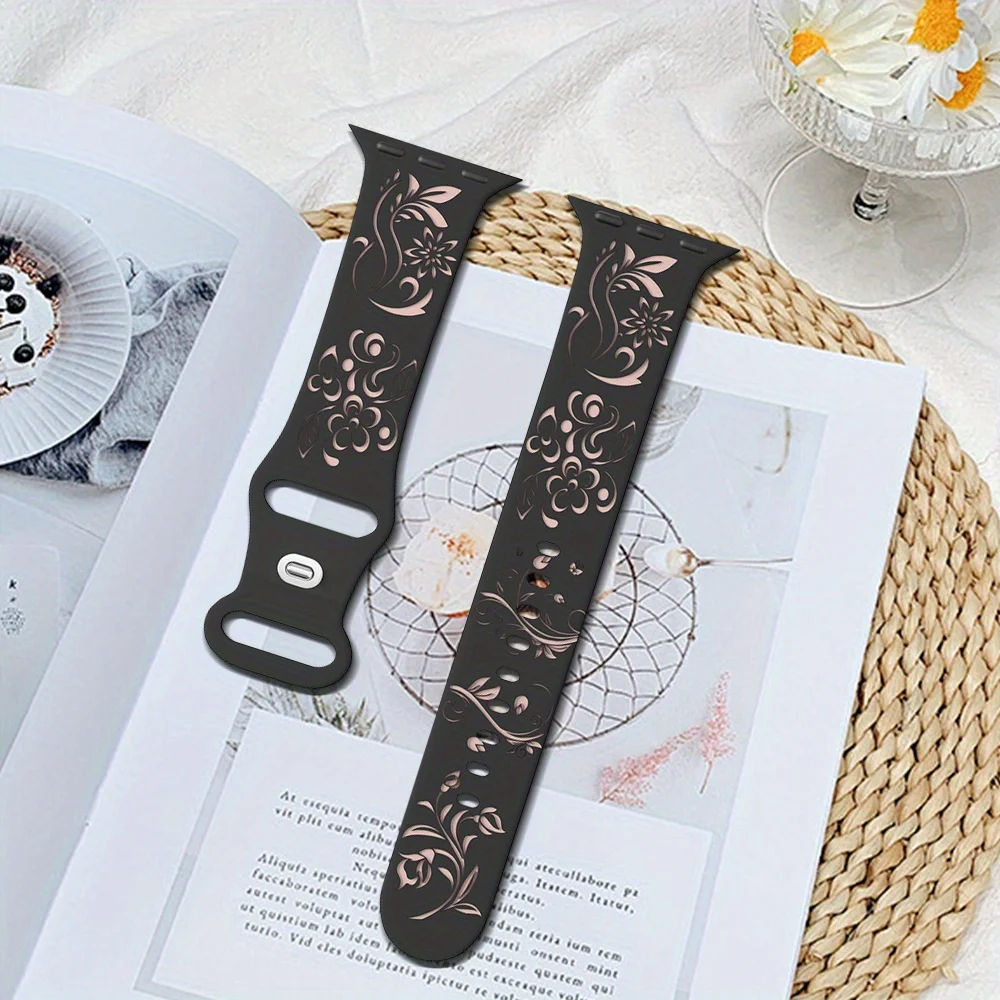 Silicone Floral Engraved Strap For Apple Watch 38/42/46mm 41/44/45mm 49mm Sport Bracelet For iWatch Series 10/9/8/7/6/Ultra Band