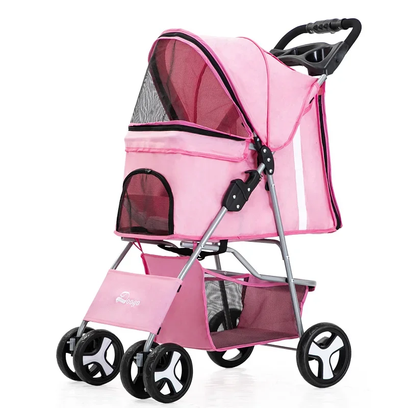 DTC-804 Portable Foldable Pet Cart Cat Dog Four Wheeled Cart Pet Outing Cart Single Handed with Sunroof: Pink
