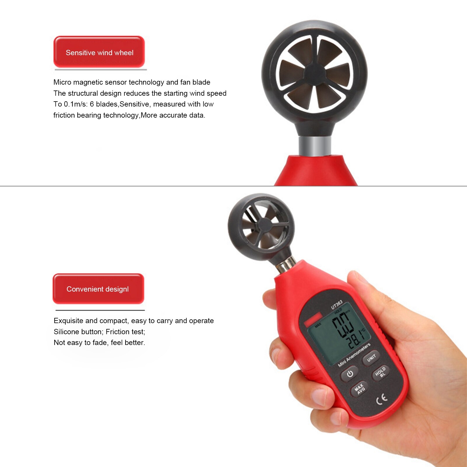 UT363/UT363 Bluetooth LCD Backlight Digital Display Anemometer Handheld Wind Speed Meter for Measuring Wind Speed or Temperature