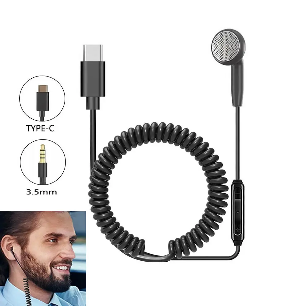 Auriculares intrauditivos con cable de un solo lado, Cable en espiral retráctil con resorte, manos libres, con conector USB C, 3,5 MM/Tipo C