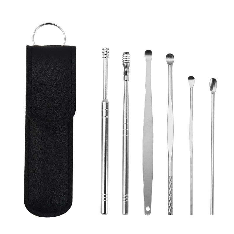 6PCS Ear Wax Remove Tool Ear Pick Cleaning Tools Portable Multi-function Ear Wax Pickers Steel Earpick Wax Remover: Type 2 Black