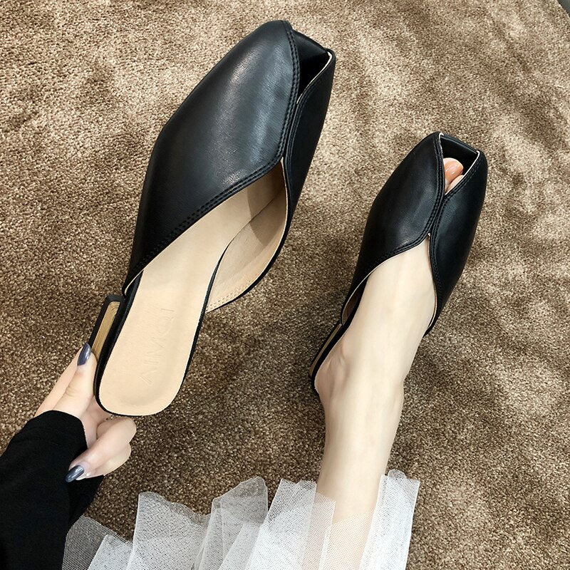 Peep toe tofflor mules skor kvinnor med chunky heel läder pumps sandaler sommar vår casual drags slides 4 cm: Svart / 38