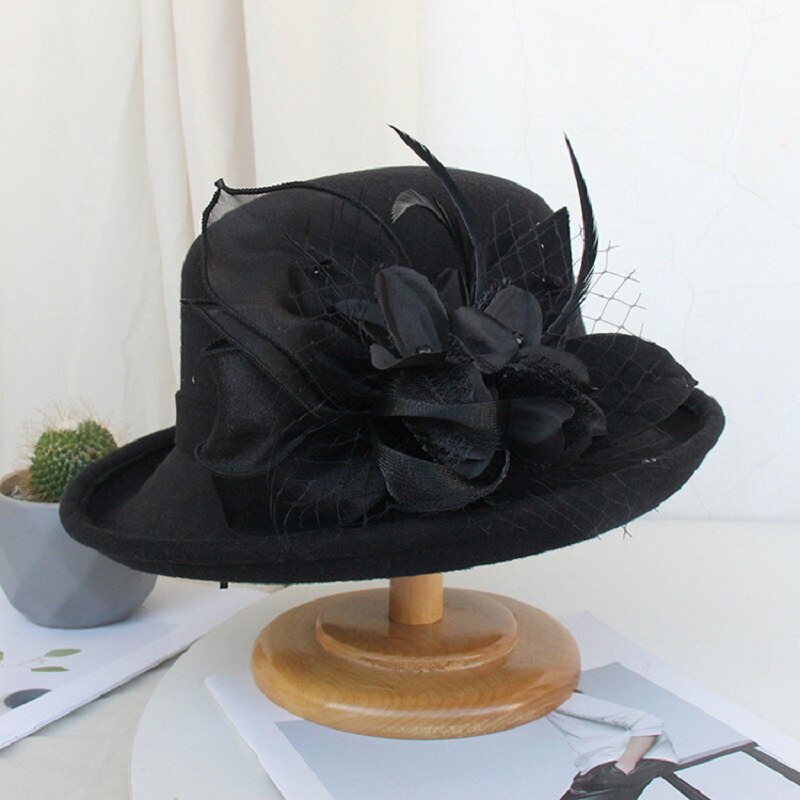 Sombrero de lana con flores para mujer, gorro cálido de ala ancha, , para , decoración, otoño e invierno,: A5