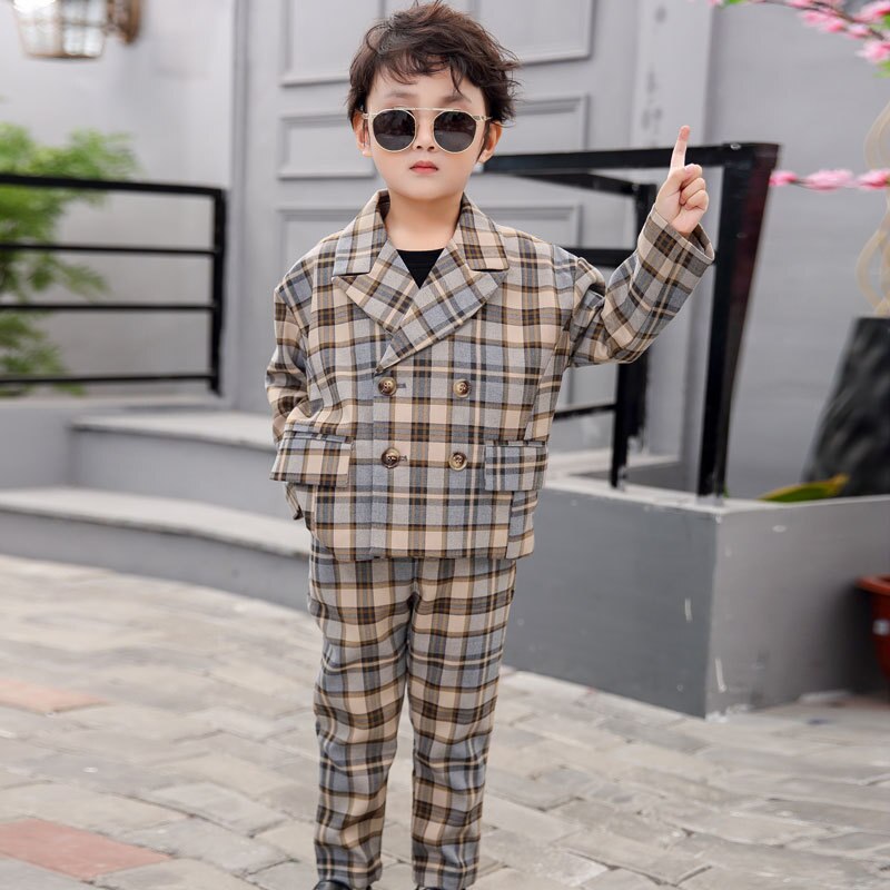3-11y blazer per pantaloni per bambini 2 pezzi set autunno primavera ragazzi giacche per abiti Casual Plaid doppio petto abiti da sposa per bambini H78