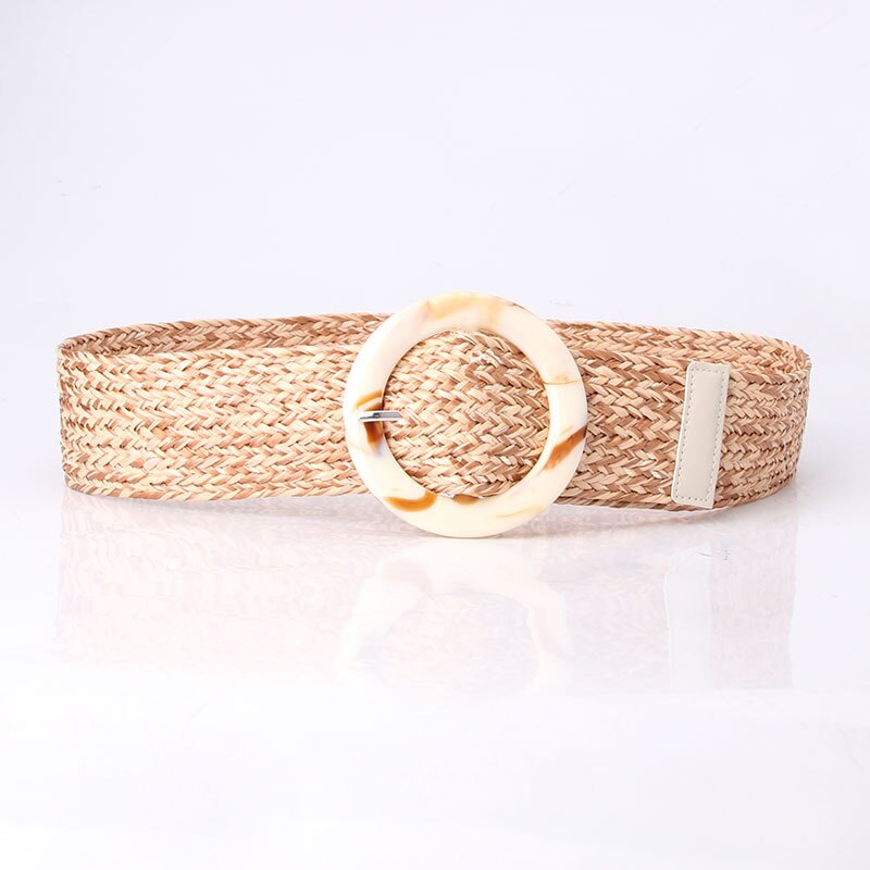 Summer Women Braided Elastic Belt Round Resin Buckle Vintage Bohe Straw Buckle Belt Dress Shirt Dress Belt Female Knitted Belt: Camel