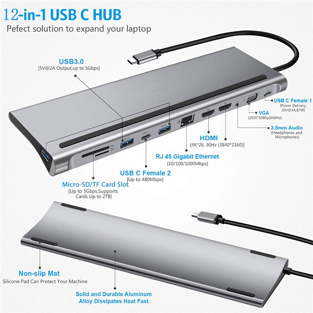 Laptop Docking Stations Cable Hub 12 in 1 Type-c to Dual VGA/USB 3.0 Hub/PD/RJ/Micro-SD/TF Card Dock Adapter up to 87W