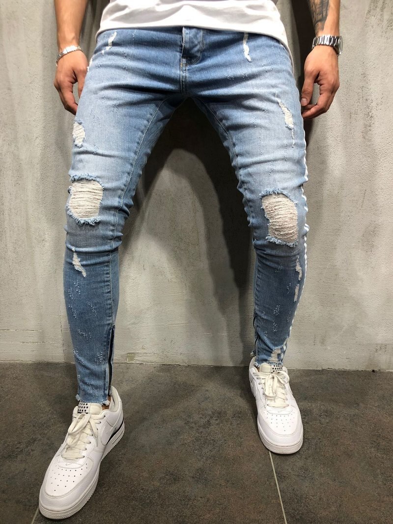 Homme jean slim motard détruit effiloché coupe Denim déchiré Denim pantalon rayure latérale Jogging crayon pantalon