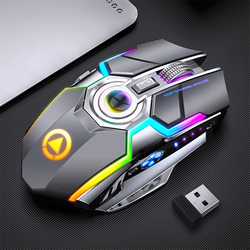 Silent Wireless Mouse Rechargeable 2.4G Gaming Mouse 1600 DPI 7 Buttons LED Backlight USB Optical Mouse For PC Laptop: A5 Mouse Gray