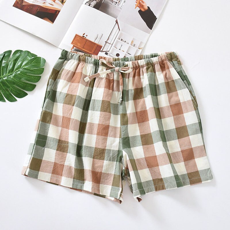 Summer Ladies Loose Thin Household Bottoms Women Cotton Sleeo Shorts Elastic Waist Soft Plaid Casual Pants With Pocket: green plaid / L