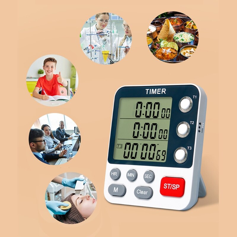 Digital Dual Kitchen Timer 3 Channels Count UP/Down Timer Cooking Timer Stopwatch Large Display Adjustable Volume B85C