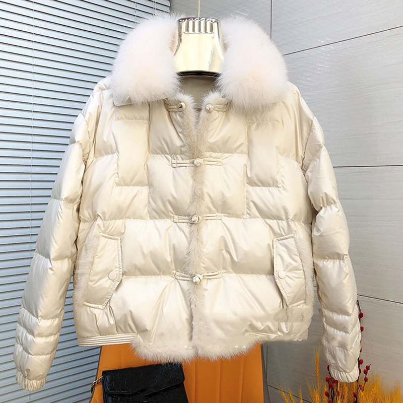 Vinter lett pelskrage kort dunjakke dame hvit andedun plateknapp parker outwears dame vatterte varme jakker: Xl / Beige