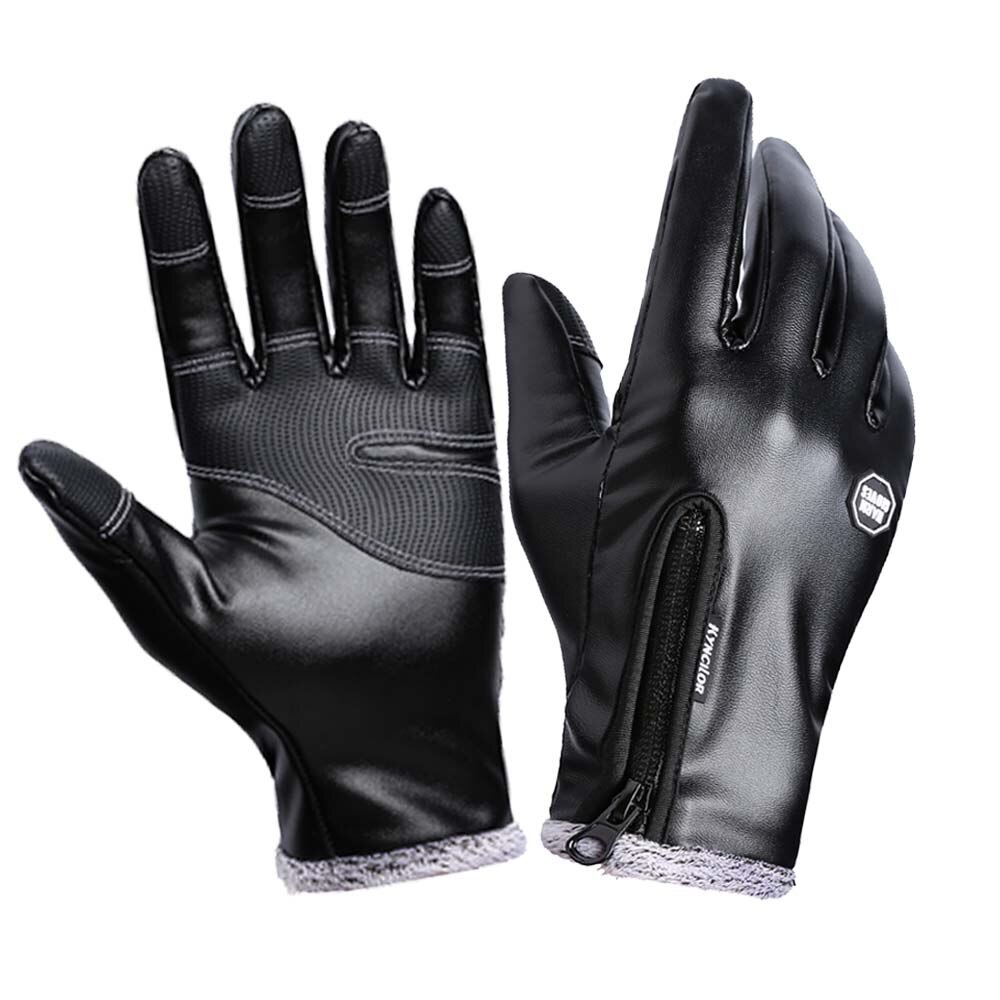 Mannen Lederen Handschoenen Fluwelen Vrouwelijke Waterdichte Wanten Luva Guantes Screen Touch Wandelen Handschoenen Winter Voor Wandelen Fietsen Zwart: M
