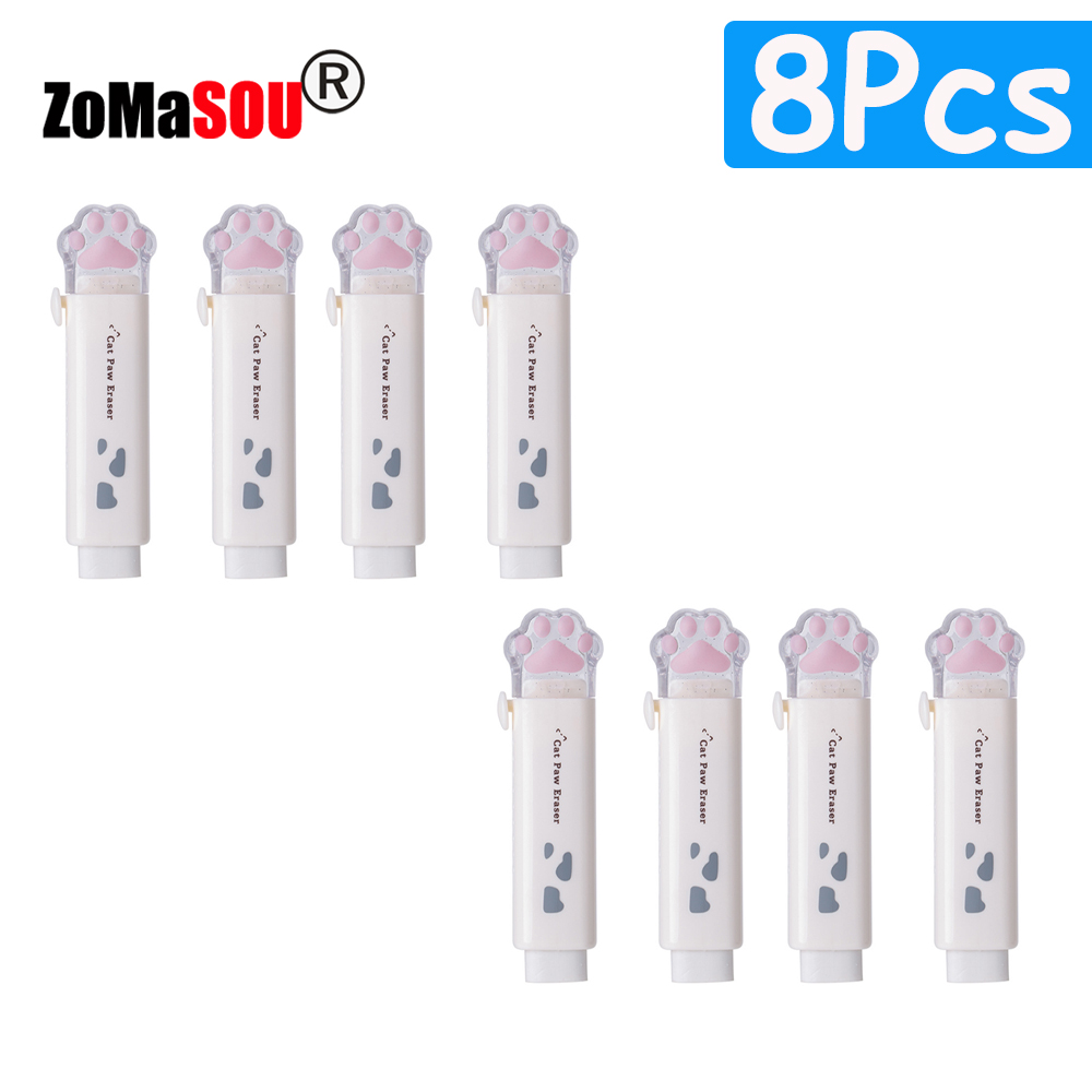 1-8Pcs ! Kawaii Cat Paw Rubber Erasers Retractable Pencil Eraser for Kids Students School Home Office Writing Drawing: light green