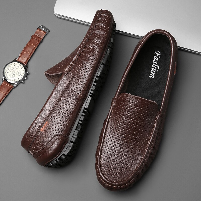Mocasines de cuero genuino para hombre, zapatos planos cómodos de , informales, de conducción, sin cordones, para verano