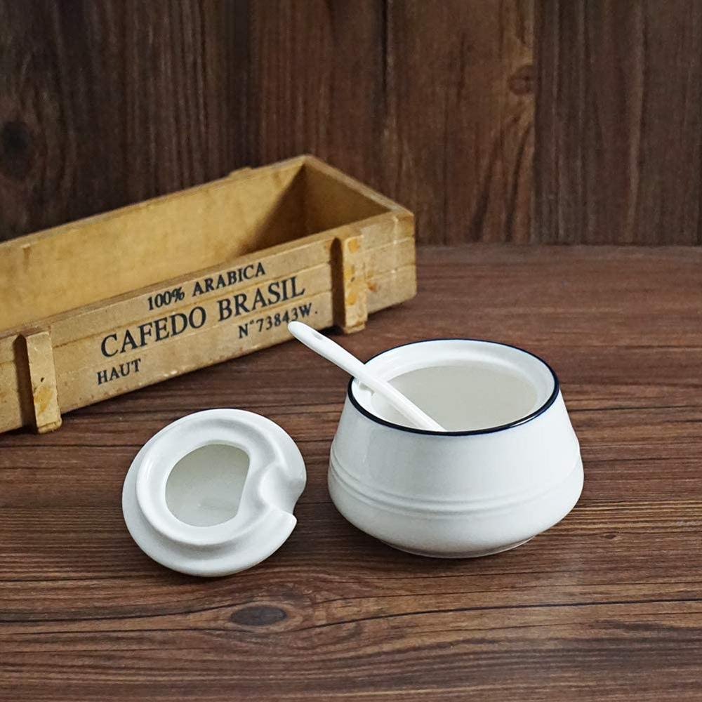 Ceramic White Creamer and Sugar Set with Lid Spoon 4 Piece