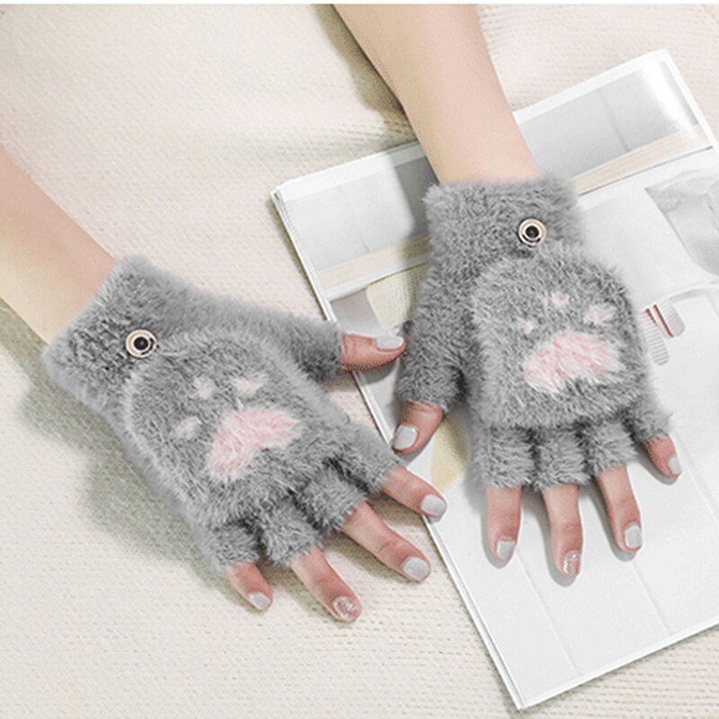 Winter Warme Zachte Konijnenbont Knit Mittens Vrouwen Flip Half Vinger Pluche Dikke Leuke Cartoon Kat Klauw Touchscreen Rijden handschoenen I1: A Gray