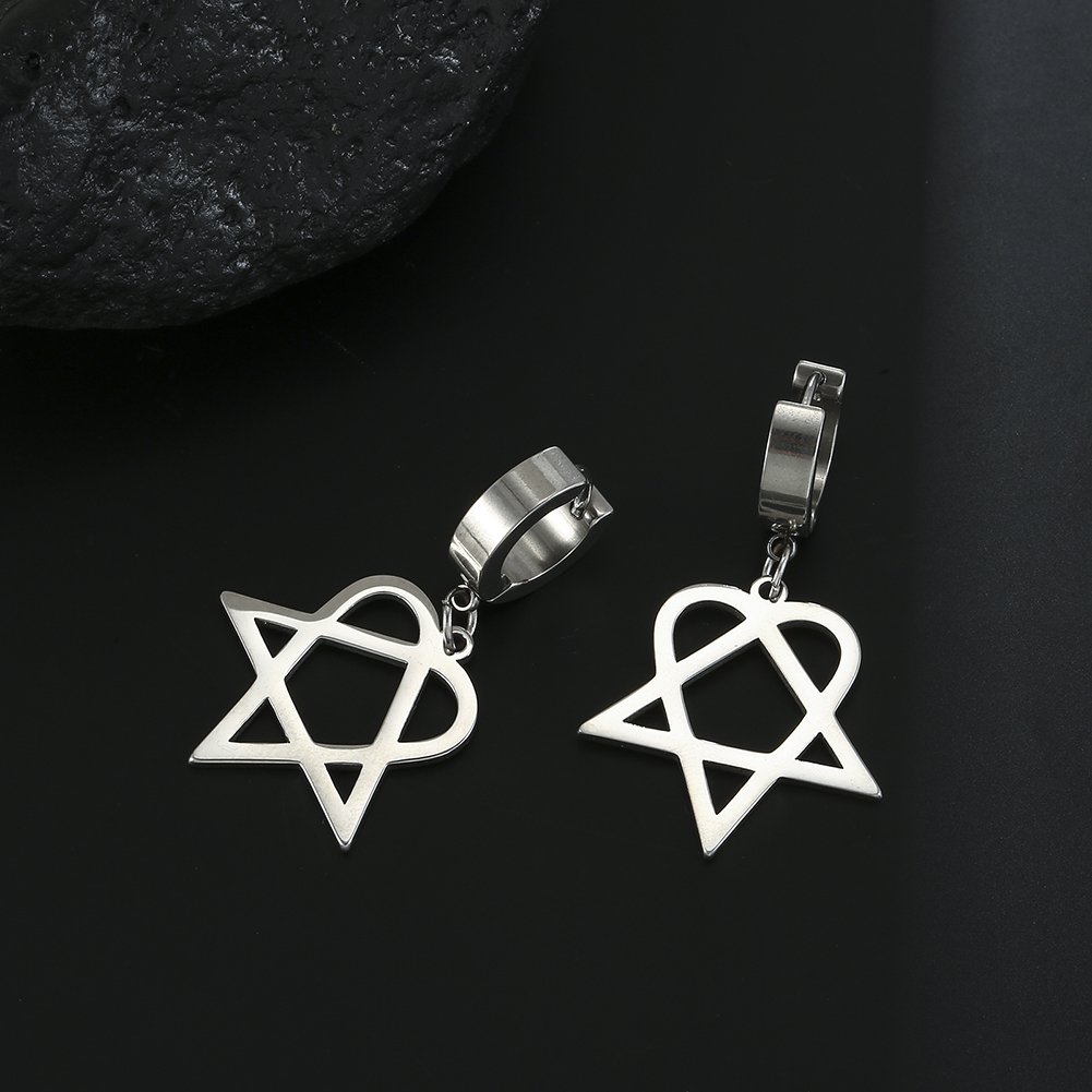 Lucktune Heartagram Star Dangle Clip Earrings Women Stainless Steel Heart Pentagonal Earrings Couple Goth Jewelry Birthday