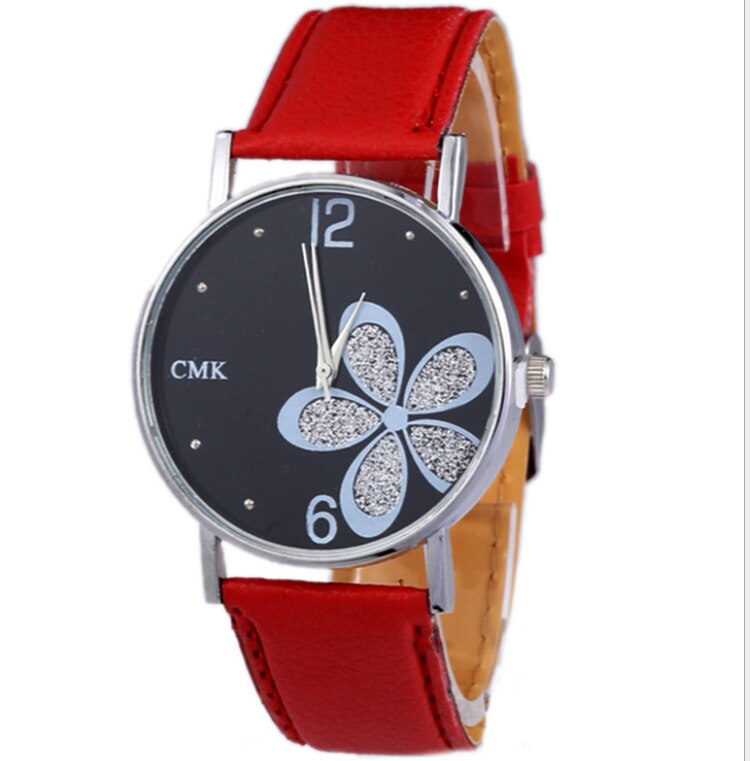 Watches Women Leather Strap Flower Female Clock Ladies Quartz Wrist Watch Montre Femme Relogio Feminino: Red