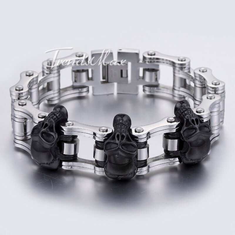 Trendsmax 22cm heren schedelarmband 316l roestvrijstalen armband biker fiets link heren sieraden hbm 66: 3 schedels 22cm  hb309