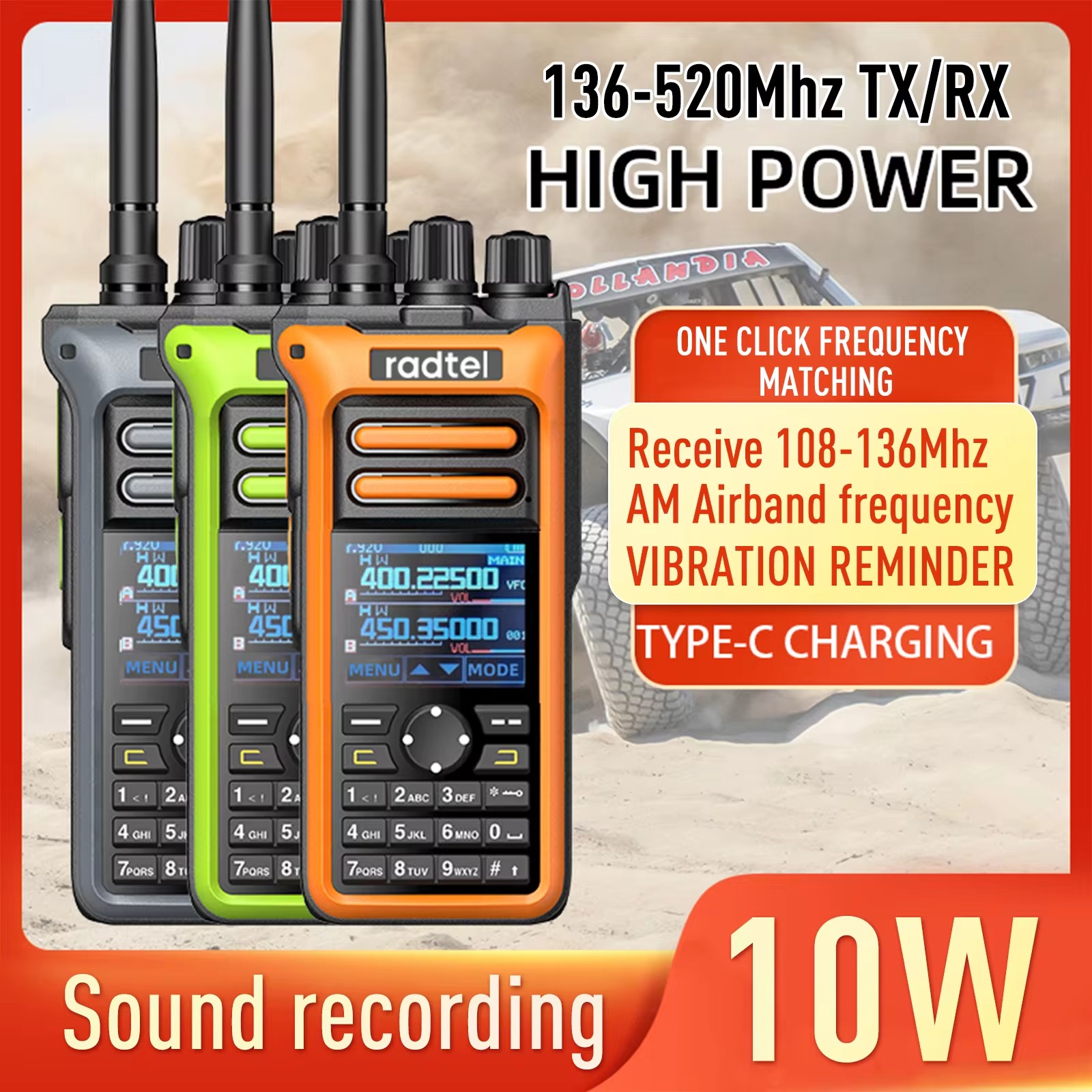Radtel RT-752 10w air band walkie talkie voll band amateur ham radio 250ch ht USB-C batterie noaa fm am aufnahme vibration