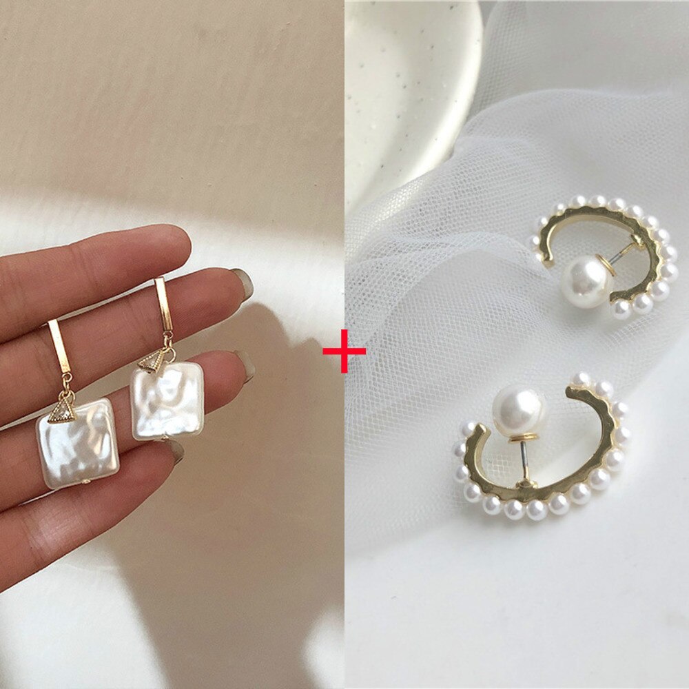 Korea Retro Square Acrylic Pearl Temperament Simple Zircon Earrings Baroque Metal Girl Party Ladies Earrings: 9