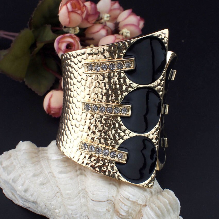 MANILAI Vrouwelijke Mode Overdrijven Manchet Armbanden Metalen Zwart Glazuur Steentjes Vrouwen Statement Sieraden Grote Armbanden Armbanden