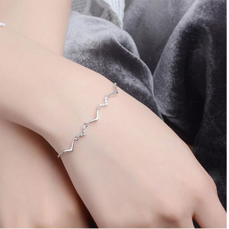 Anenjery Simple Silver Color Wave Bracelet For Women Zircon Jewelry pulseira feminina S-B148