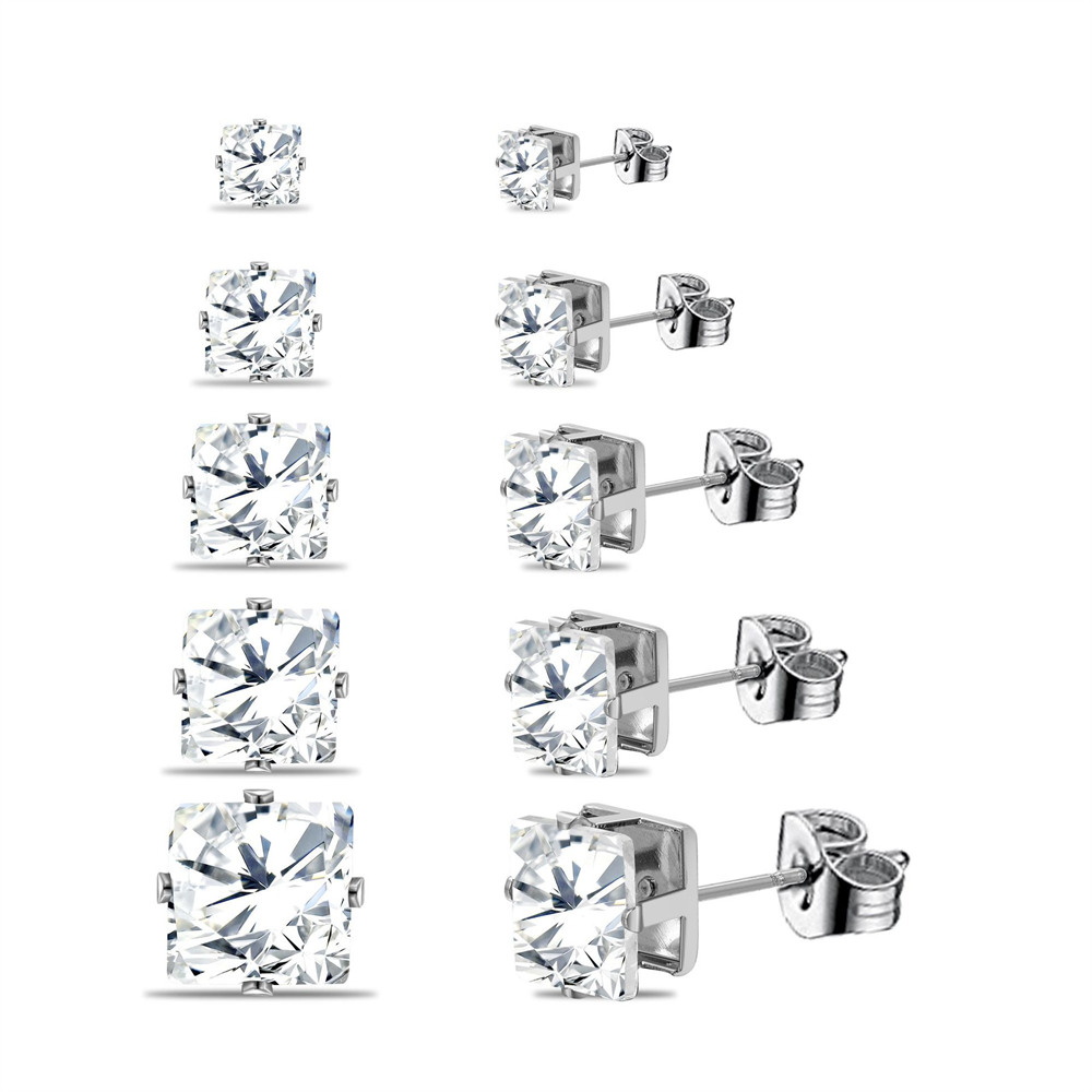 Set van 10 glanzende oorbellen met zirkonia steentjes, bezet met kubische zirkonia, voor dames en heren, unisex, goudkleurige legering, eenvoudige feestelijke oorbellen.: Imitatie rhodium plated