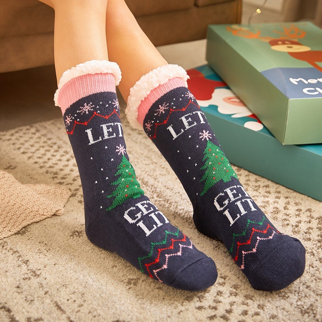 Kerst Sokken Vrouwen Katoenen Sokken Print Dikkere Plus Fluwelen Anti-Slip Vloer Sokken Winter Warm Tapijt Sokken Dames Grappig sokken: S