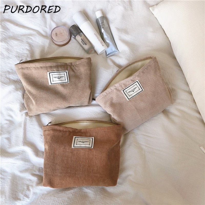 PURDORED-Bolsa de maquillaje pana suave para mujer, neceser grande de Color sólido, organizador de almacenamiento de maquillaje de viaje, funda de belleza para chica, 1 ud.