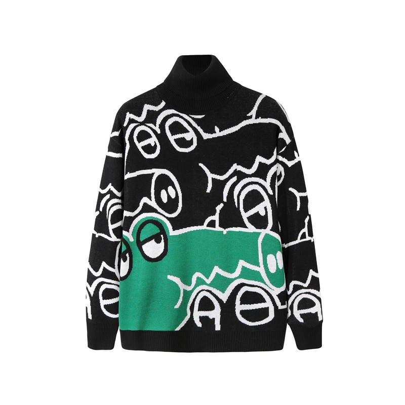 Bomuld herre sweater sort rullekrave sweater herre tegneserie krokodille pull homme strikket pullover tøj langærmede frakker