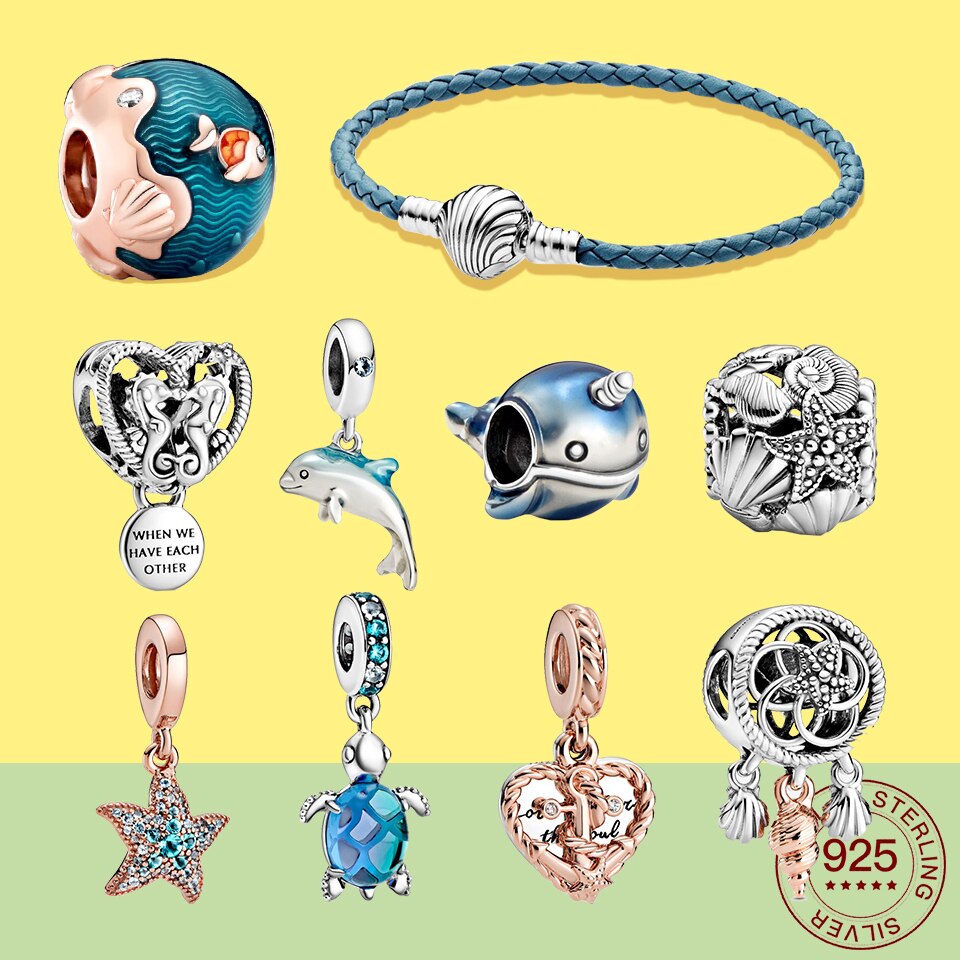 Abalorio de concha de ballena de delfín plateado para mujer, Plata de Ley 925, pulsera de plata Original, joyería de para mujer, de verano