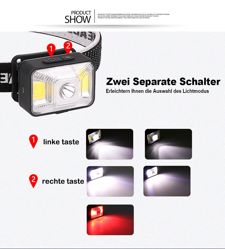 5000LM Led Koplamp Zaklamp Oplaadbare Koplampen, Xpe Led + 2 * Cob Usb Kabel, waterdichte Hoofdlamp Met Rood/Wit Licht