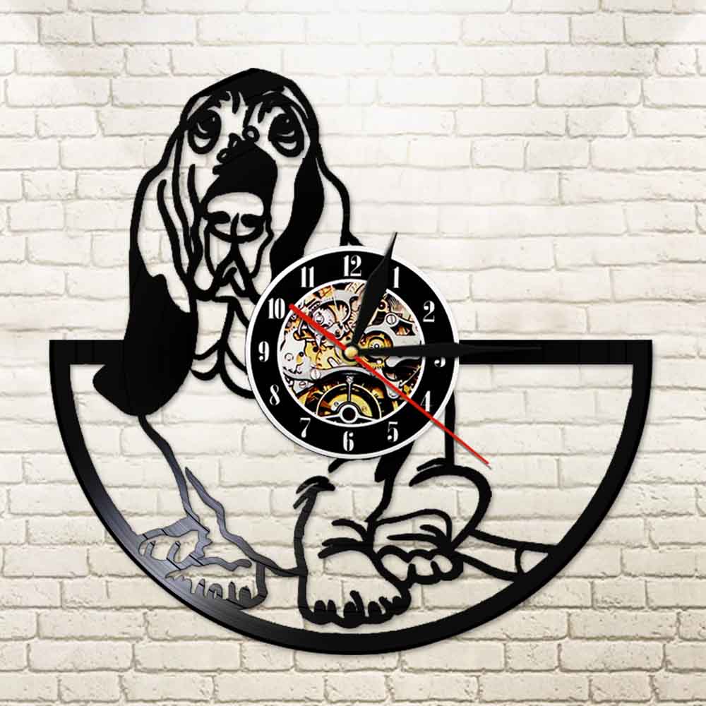 Basset Hound Dog Grooming Wall Art Puppy Dog Pet Multi Coldecorors LED Sign Animal Vinyl Longplay Record Wall Clock