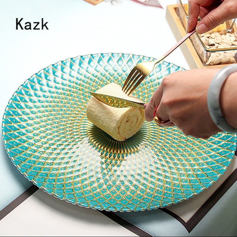 Assiette à dîner en verre en Relief losange, grande assiette à Steak ronde de couleur de luxe, plateau de service de rangement de vaisselle d&#39;hôtel à domicile